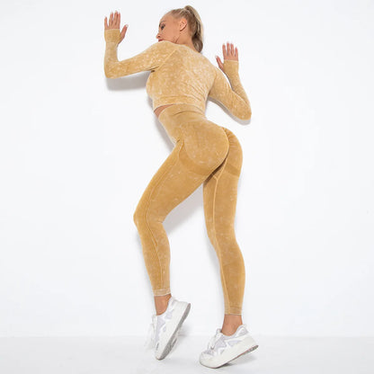 Conjunto de gimnasio con top corto sin costuras para mujer, conjunto de entrenamiento de yoga, ropa deportiva, leggings push up, chándal