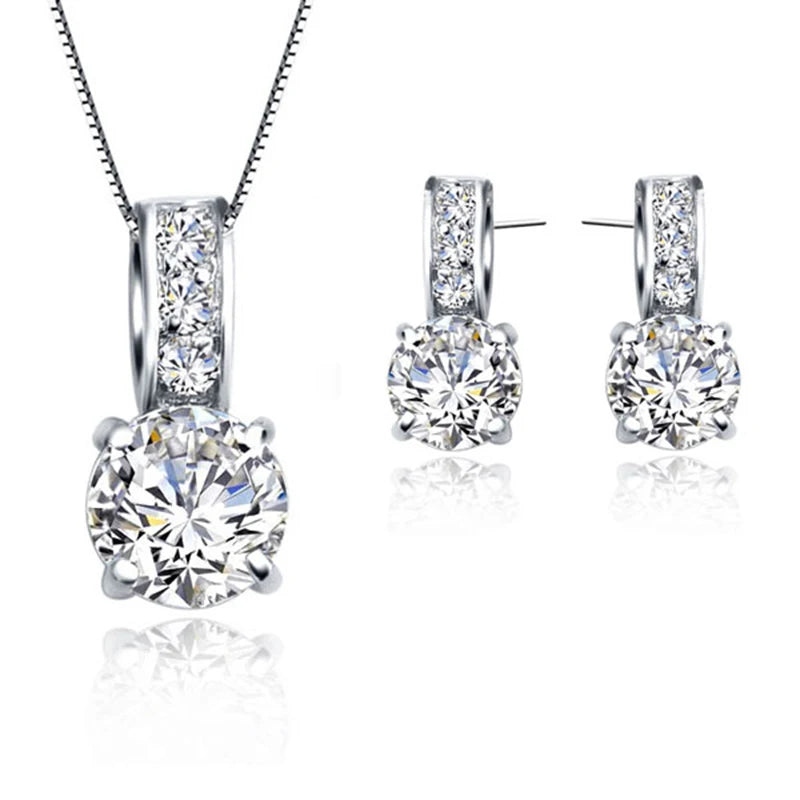 Conjunto de joyería nupcial de plata de ley 925 con colgante clásico de cristal de circonita cúbica, collar y pendientes para mujeres y niñas, regalo