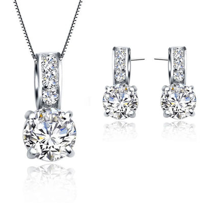 Conjunto de joyería nupcial de plata de ley 925 con colgante clásico de cristal de circonita cúbica, collar y pendientes para mujeres y niñas, regalo