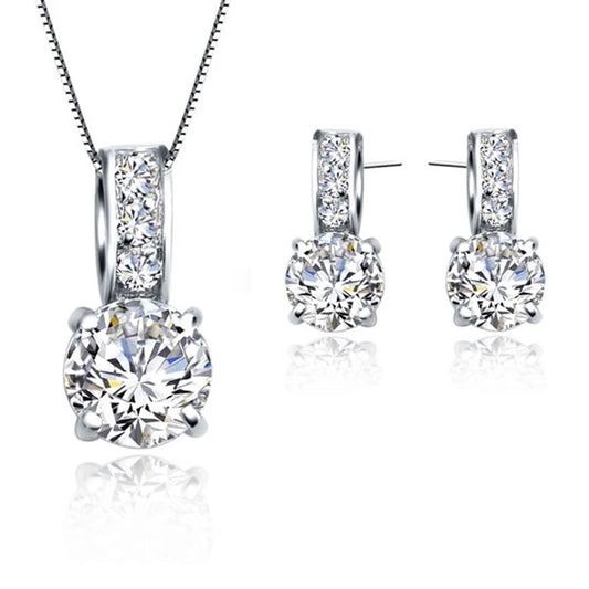 Conjunto de joyería nupcial de plata de ley 925 con colgante clásico de cristal de circonita cúbica, collar y pendientes para mujeres y niñas, regalo