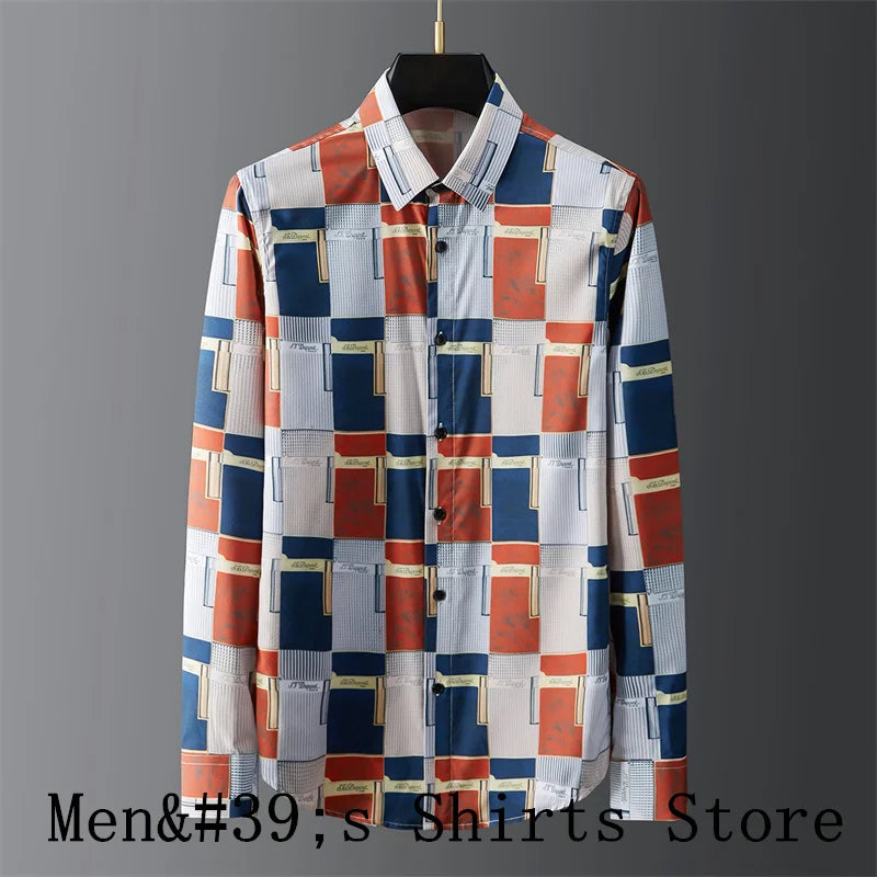 Camisa clásica estampada de manga larga con solapa (2024). Tejido elástico, transpirable, suave y cómodo.