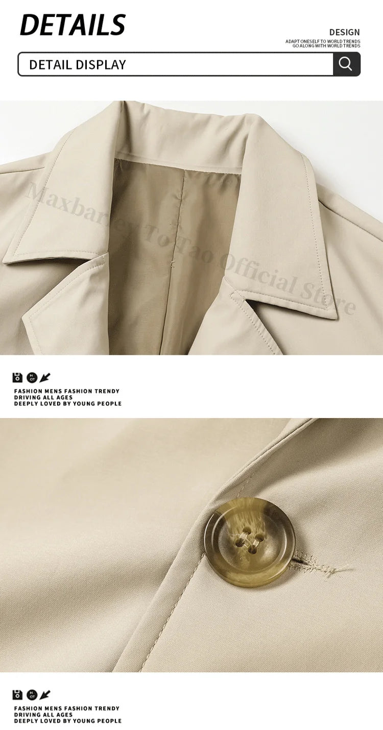 Abrigo largo Maxbarley para hombre, estilo gabardina, marca coreana, color liso, con cinturón, colección otoño 2025. Nuevo diseño de chaqueta cortavientos de un solo botón.