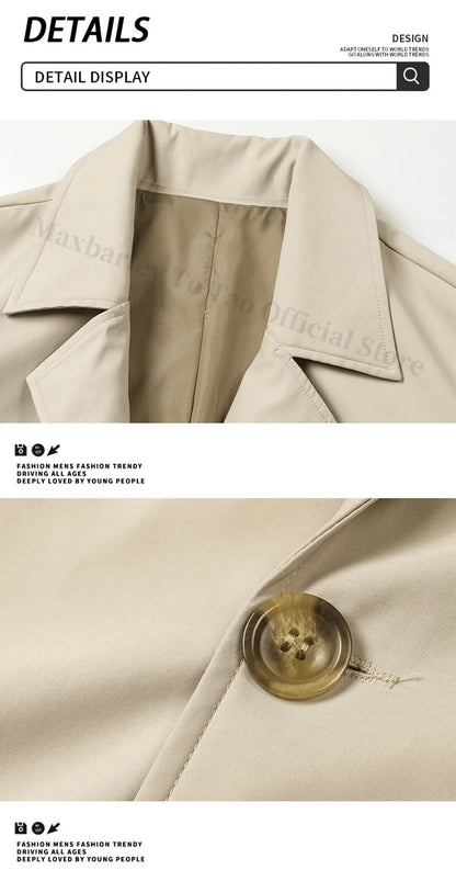 Abrigo largo Maxbarley para hombre, estilo gabardina, marca coreana, color liso, con cinturón, colección otoño 2025. Nuevo diseño de chaqueta cortavientos de un solo botón.