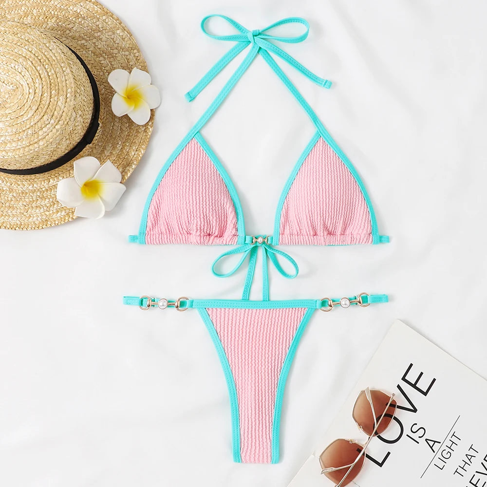 Traje de baño para mujer 2025, traje de baño de dos piezas con cuello halter, conjunto de bikini para mujer, ropa de playa de verano, traje de baño con cordón ajustable, tanga, copa triangular