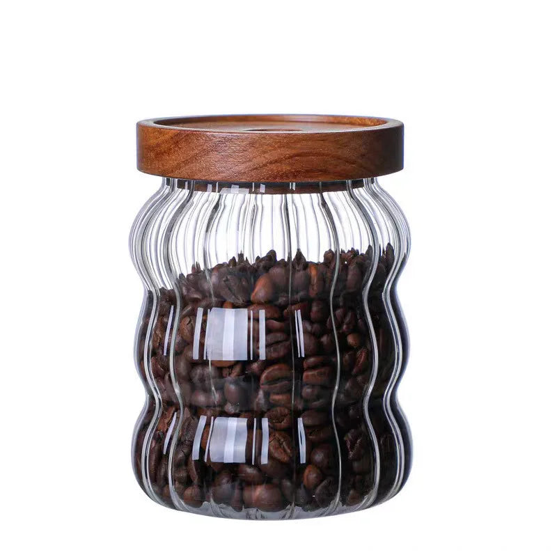 Recipiente hermético de vidrio rayado con tapa de madera para almacenamiento en la cocina, botellas, frascos, recipientes para alimentos, granos de café, cereales y dulces.