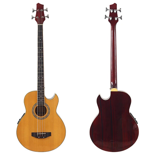 Bajo electroacústico de 43 pulgadas y 4 cuerdas, diseño de guitarra folk con cutaway, con funda y ecualizador.
