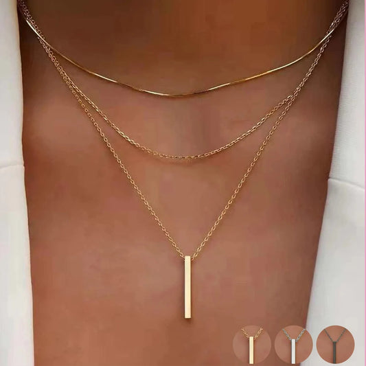 Collar con colgante de barra de metal en capas vintage para mujer, uso diario, cadena de clavícula rectangular de color dorado, collar de joyería