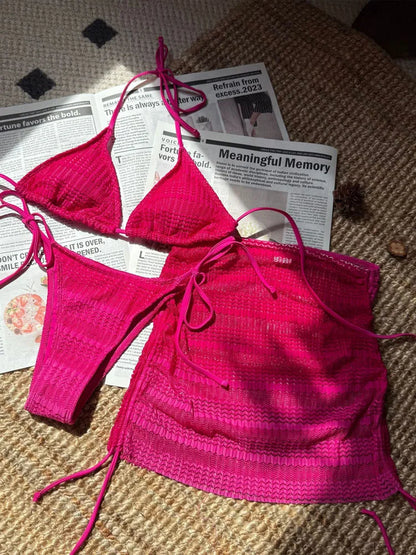 VigoBreviya - Conjunto de bikini de 3 piezas con falda y degradado para mujer, traje de baño sexy con cuello halter, push up, tanga de corte alto atada, 2024