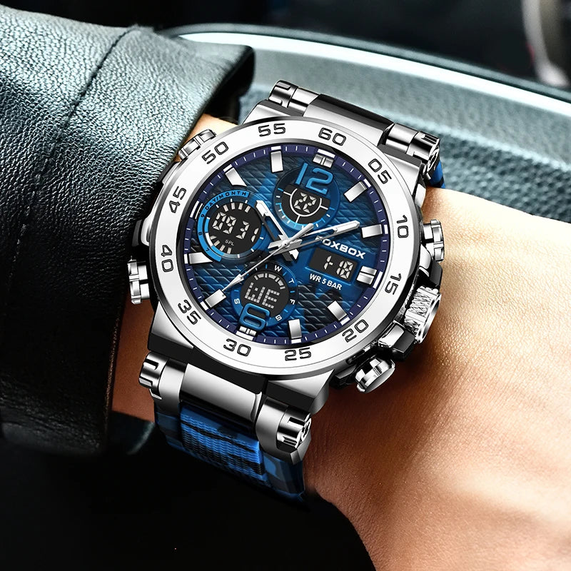 FOXBOX - Nuevo reloj deportivo para exteriores para hombre, reloj analógico digital de moda para negocios, reloj de pulsera de cuarzo con alarma resistente al agua y de silicona.