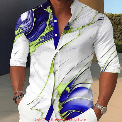 Camisa de hombre con estampado abstracto de mármol y arte líquido. Camisa de cuello alto, manga larga, estilo casual, cómoda para el día a día, vacaciones y fiestas.