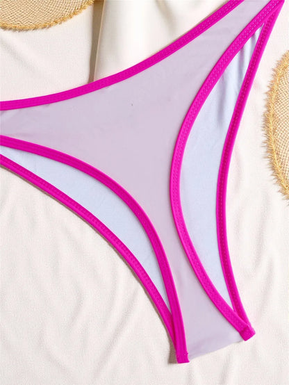 Conjuntos de bikini negros sexys con borde rosa, traje de baño con cuello en V para mujer 2025, microtanga de corte alto, bikinis de mujer