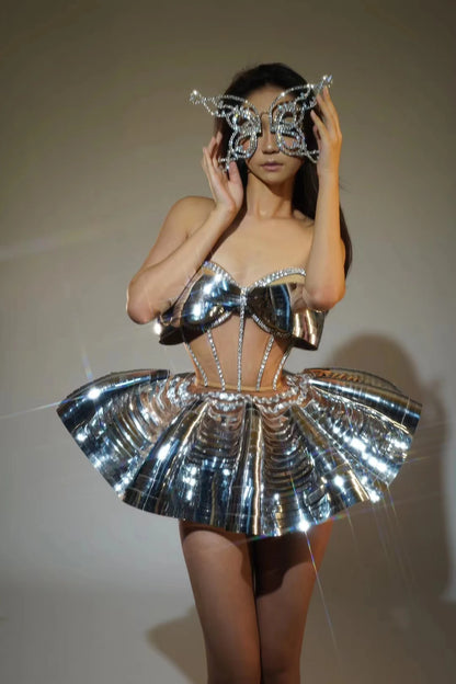 Sexy Diamonds Activity Clothing Women ClubCelebrate Stage Wear Performance Outfit Sparkly GoloSilver Top 2PCS Skirt Sets  Y009
