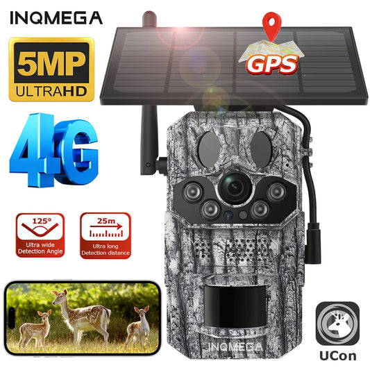 Cámara INQMEGA4G 2K 5MP con sensor de movimiento PIR, temporizador de disparo, visión nocturna, IP66, ideal para caza, senderismo, fauna silvestre, con batería y carga solar.