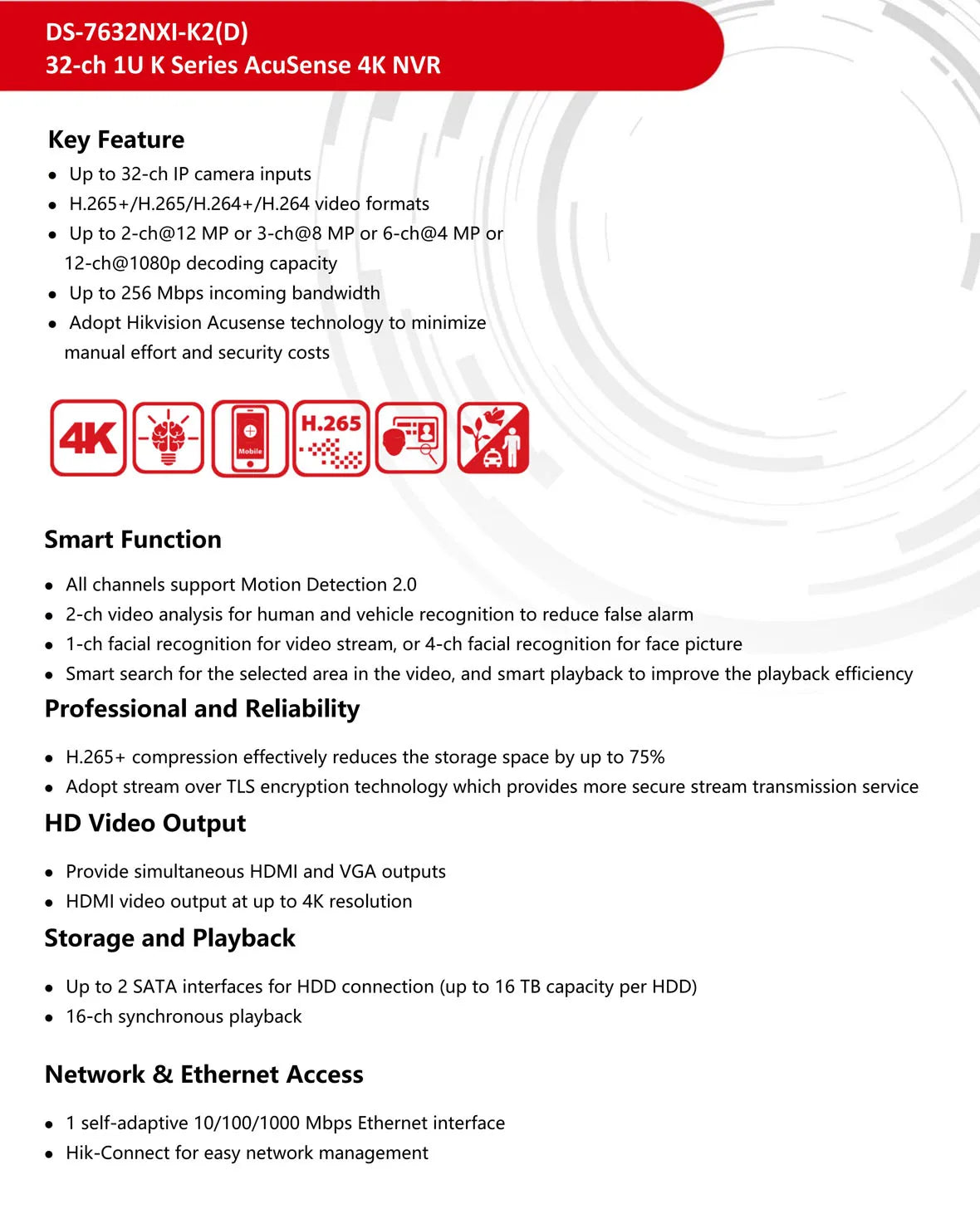 Grabador de vídeo en red (NVR) AcuSense DS-7632NXI-K2 de 8/16/32 canales 4K H.265+ 2SATA Hikvision DS-7608NXI-K2 y DS-7616NXI-K2