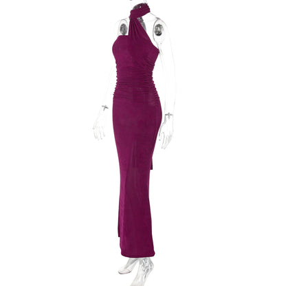 Vestido largo ajustado Hugcitar sin mangas, con espalda descubierta y escote halter. Ideal para fiestas de verano, cumpleaños y eventos especiales.