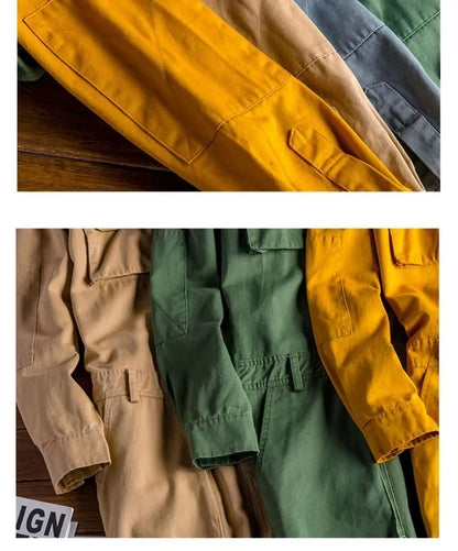 Spring Overalls Men's Jumpsuit Loose Long Sleeve Cotton Cargo Pants Black Yellow Workwear Trousers Working Uniform Rompers