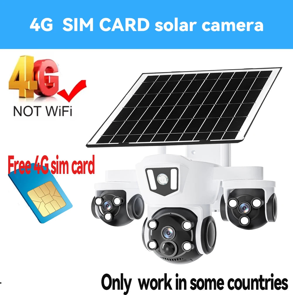 Cámara solar inalámbrica WiFi DIFANG V380 Pro para exteriores con tres pantallas, tarjeta SIM 4G y batería. Sistema de videovigilancia solar con tres lentes y batería.