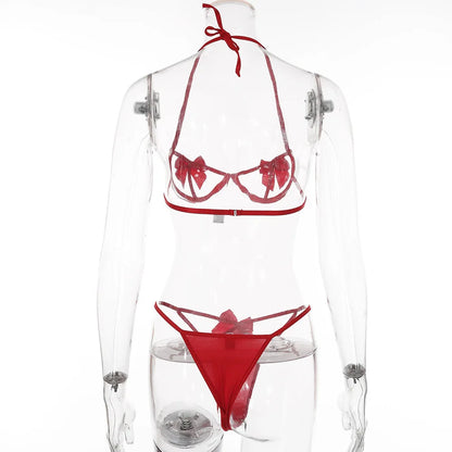 Conjunto de lencería sexy de 3 piezas con sujetador y tanga con lazo para mujer, conjunto de lencería sexy con ligas y perspectiva recortada.