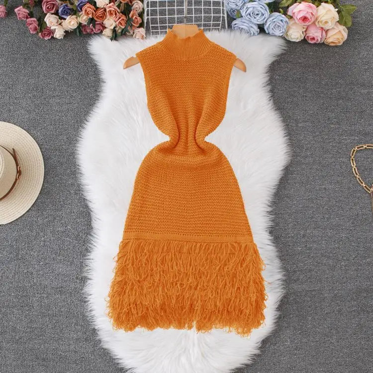 Vestido corto de punto con borlas, cuello redondo, sin mangas, con detalle calado de ganchillo y elástico, estilo ajustado, ideal para la playa o para usar a diario.