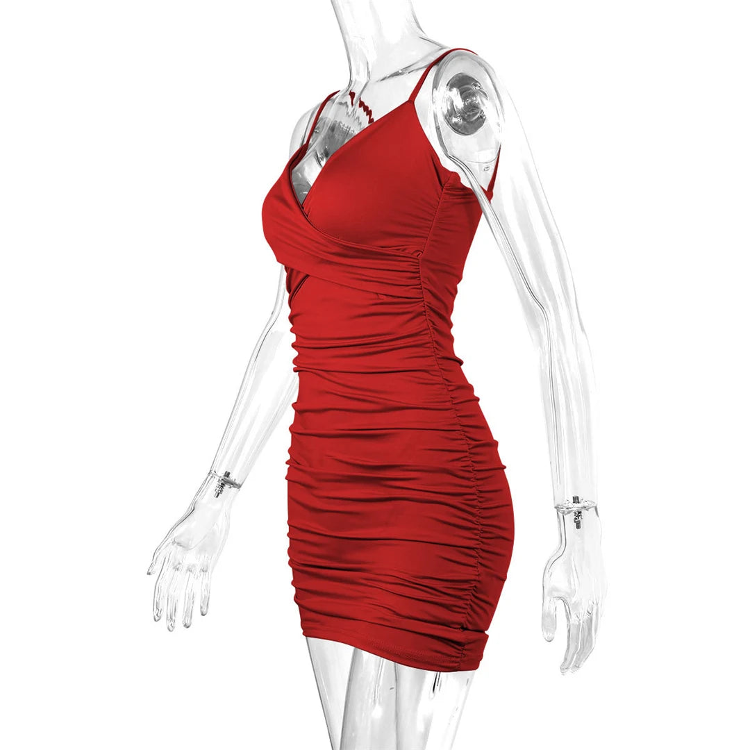 7 Color Sexy Wrinkled Pleated V Neck Sling Dress Short Club Ladies 2025 Summer Bodycon Dress Evening Party Tight Mini Dress D007