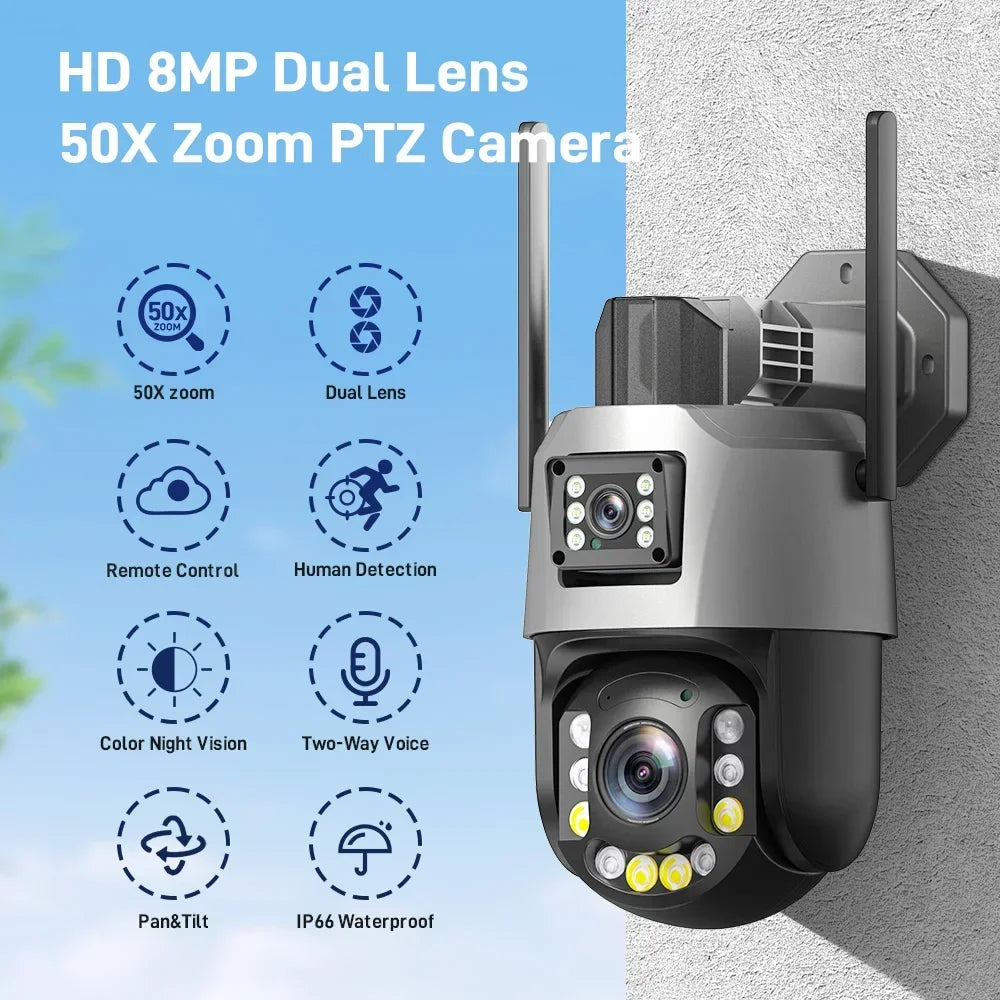 Cámara PTZ de 8 MP con zoom 50x, Wi-Fi, doble lente, 4K, zoom 20x, cámara de vigilancia exterior, visión infrarroja de largo alcance (120 m), compatible con ONVIF.