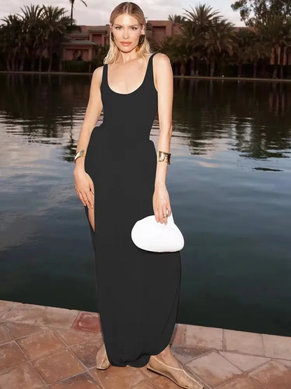 Vestido largo sexy con abertura alta JULISSA MO para mujer, negro, sin mangas, de talle alto, ideal para otoño, elegante y ajustado, perfecto para fiestas y discotecas (2024)