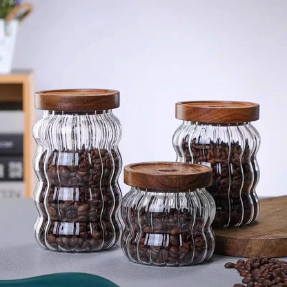 Recipiente hermético de vidrio rayado con tapa de madera para almacenamiento en la cocina, botellas, frascos, recipientes para alimentos, granos de café, cereales y dulces.