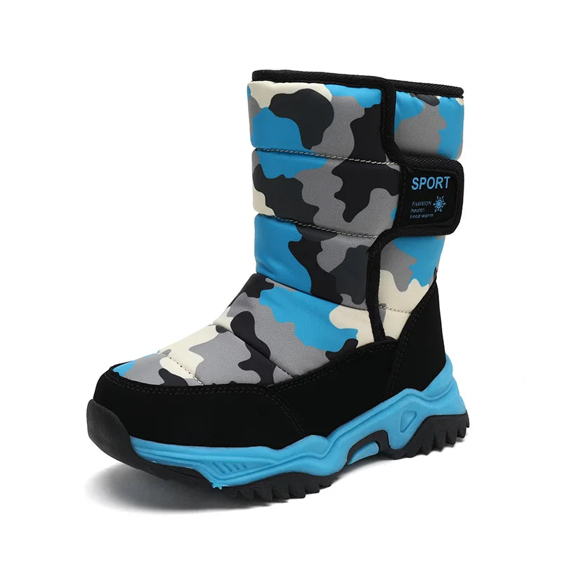 Zapatos de invierno 2025 para niños, de felpa, impermeables, antideslizantes, con suela de goma, botas de nieve cálidas a la moda para exteriores.