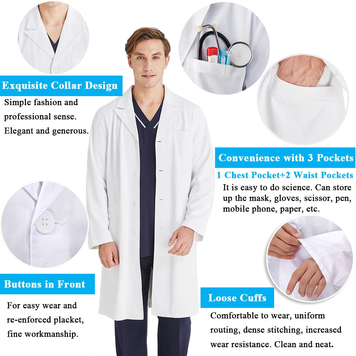 Bata médica blanca de algodón para mujer y hombre, bata de laboratorio para científicos, bata de médico, bata de laboratorio para hospital, estudiantes, escuela, cosplay, bata de comida