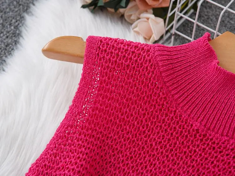 Vestido corto de punto con borlas, cuello redondo, sin mangas, con detalle calado de ganchillo y elástico, estilo ajustado, ideal para la playa o para usar a diario.