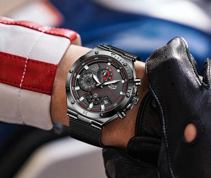 LIGE - Reloj de cuarzo de lujo para hombre, marca superior, moderno, de negocios, con correa de malla, resistente al agua, luminoso, cronógrafo