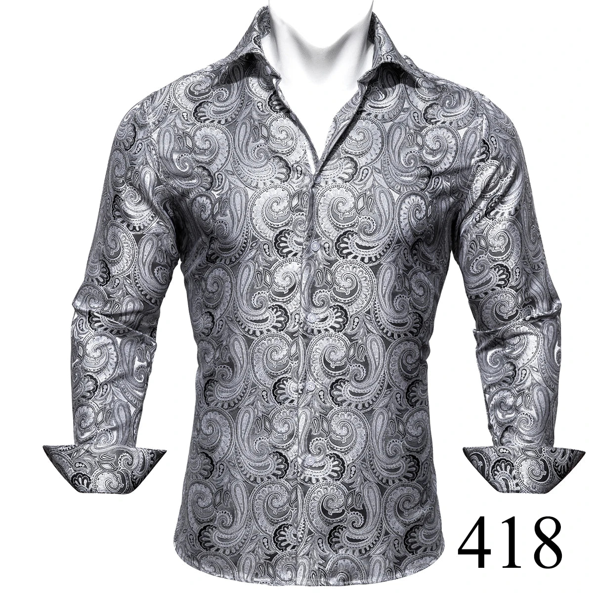 Camisas clásicas negras estampadas y bordadas para hombre, solapa de seda, manga larga, corte formal exquisito, ideales para eventos de negocios y fiestas. Barry.Wang CY-0407