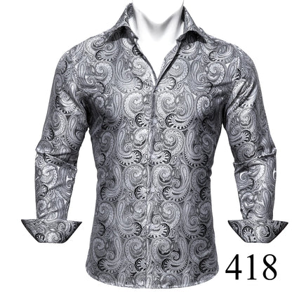 Camisas clásicas negras estampadas y bordadas para hombre, solapa de seda, manga larga, corte formal exquisito, ideales para eventos de negocios y fiestas. Barry.Wang CY-0407