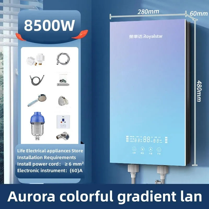 Calentador de agua eléctrico de calentamiento instantáneo para hogares pequeños. Calentamiento rápido, 8500 W. Temperatura constante inteligente. Sin depósito de agua.