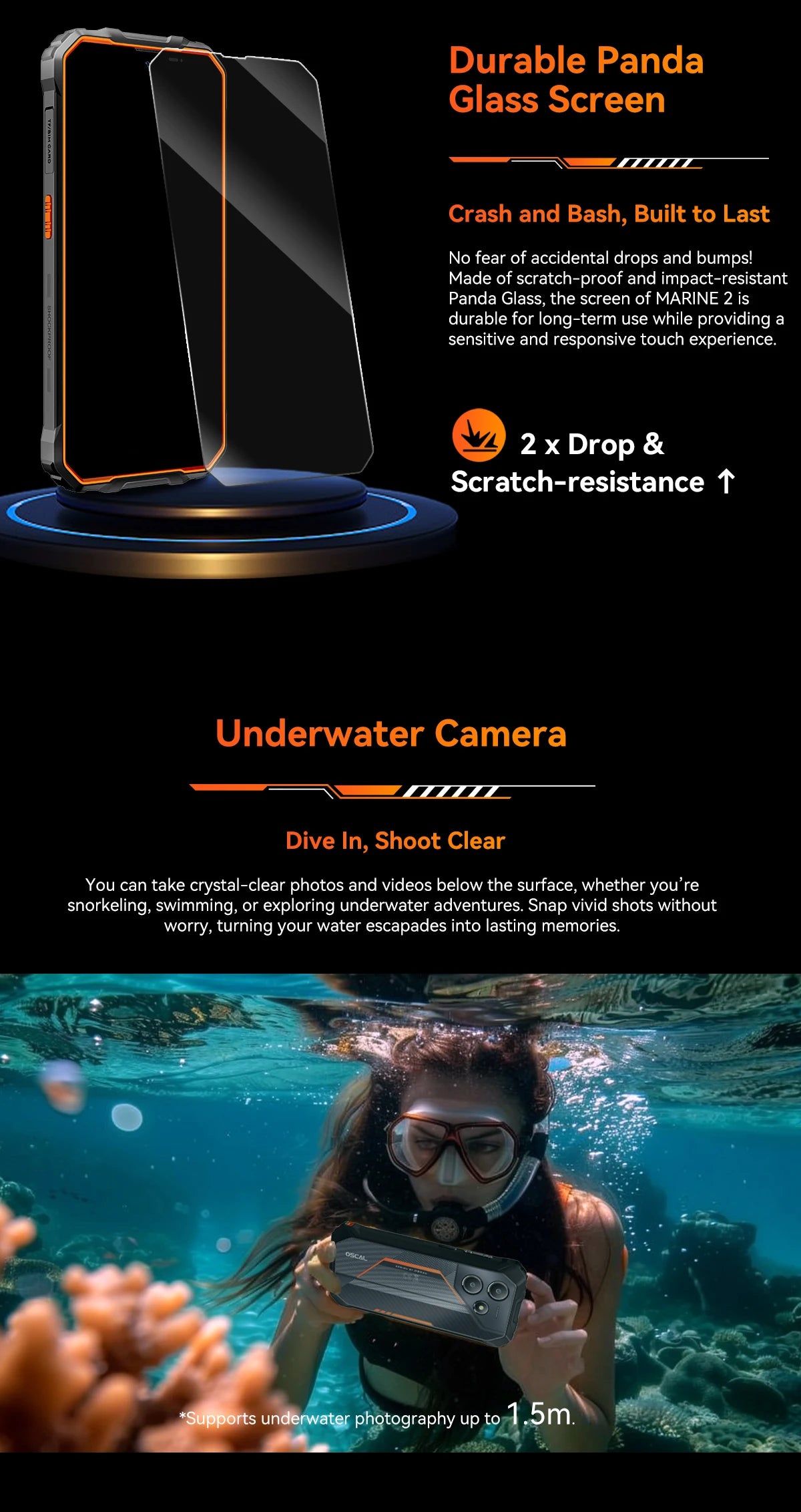 Teléfono resistente Blackview OSCAL Marine 2, 8 GB de RAM, 256 GB de almacenamiento, smartphone con IA, batería de 11000 mAh, pantalla HD+ de 6,56", procesador Unisoc T61, Android 15 y NFC.