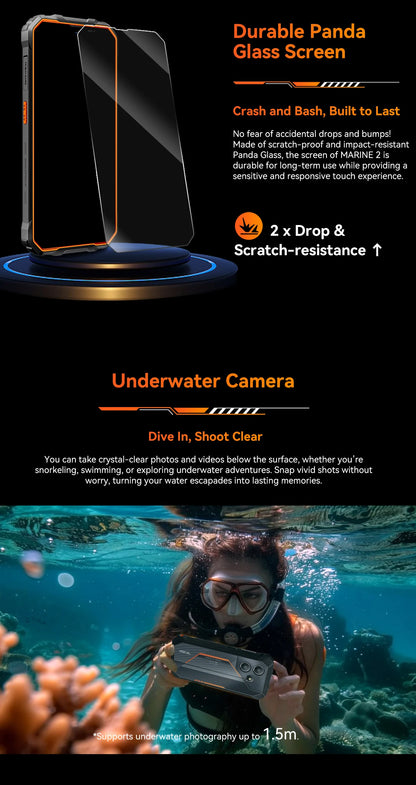 Teléfono resistente Blackview OSCAL Marine 2, 8 GB de RAM, 256 GB de almacenamiento, smartphone con IA, batería de 11000 mAh, pantalla HD+ de 6,56", procesador Unisoc T61, Android 15 y NFC.