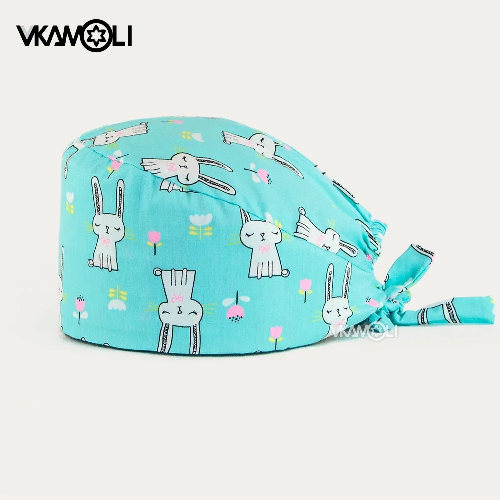 Gorro quirúrgico de algodón con estampado de dibujos animados multicolor para peluquería de mascotas, ajustable, para salón de belleza, enfermería, médico y enfermera.