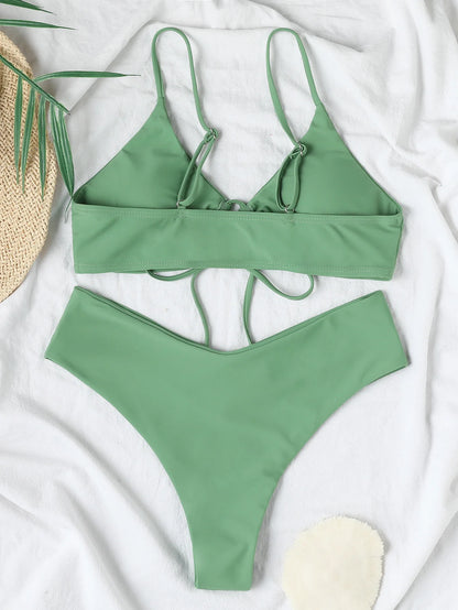 Nuevo conjunto de bikini de alta elasticidad para verano de 2025, dos piezas, color sólido, con cordones, traje de baño sexy para mujer, traje de baño de playa.