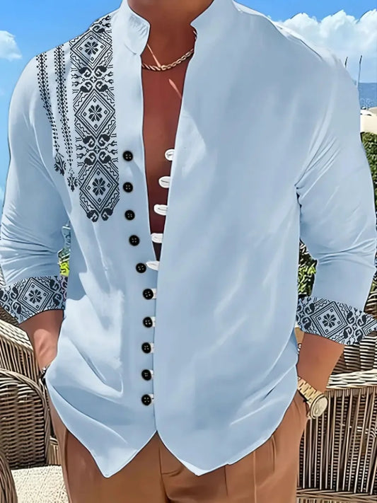 Nueva camisa de lino para hombre, con botones, patrón de tendencia de moda, corte ajustado, cómoda y suave, nueva marca retro.