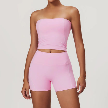 Conjunto deportivo de yoga FUBEIKE para mujer, de verano, color nude, ajustado, con espalda descubierta, ideal para gimnasio, ropa deportiva para mujer, para correr al aire libre.