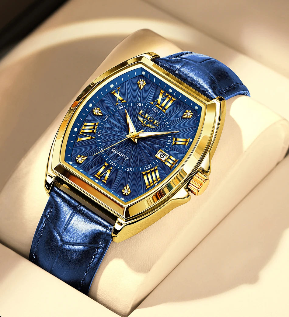 LIGE - Nuevos relojes militares para hombre, marca original de lujo, de cuero, de cuarzo, cronógrafo cuadrado resistente al agua