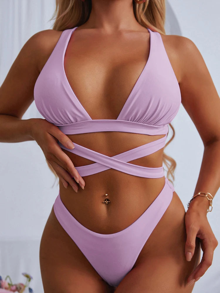 Bikini sexy 2025, traje de baño liso para mujer, traje de baño para mujer, conjunto de bikini push up con vendaje cruzado, traje de baño para playa, traje de baño