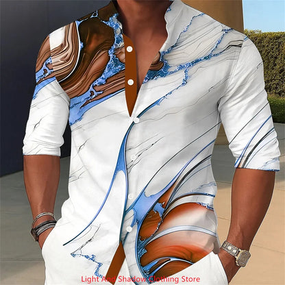 Camisa de hombre con estampado abstracto de mármol y arte líquido. Camisa de cuello alto, manga larga, estilo casual, cómoda para el día a día, vacaciones y fiestas.