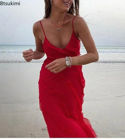 Vestido largo de gasa con volantes para mujer, estilo maxi, con espalda descubierta y abertura, ideal para fiestas de graduación, bodas y eventos de verano. Vestido largo y elegante.