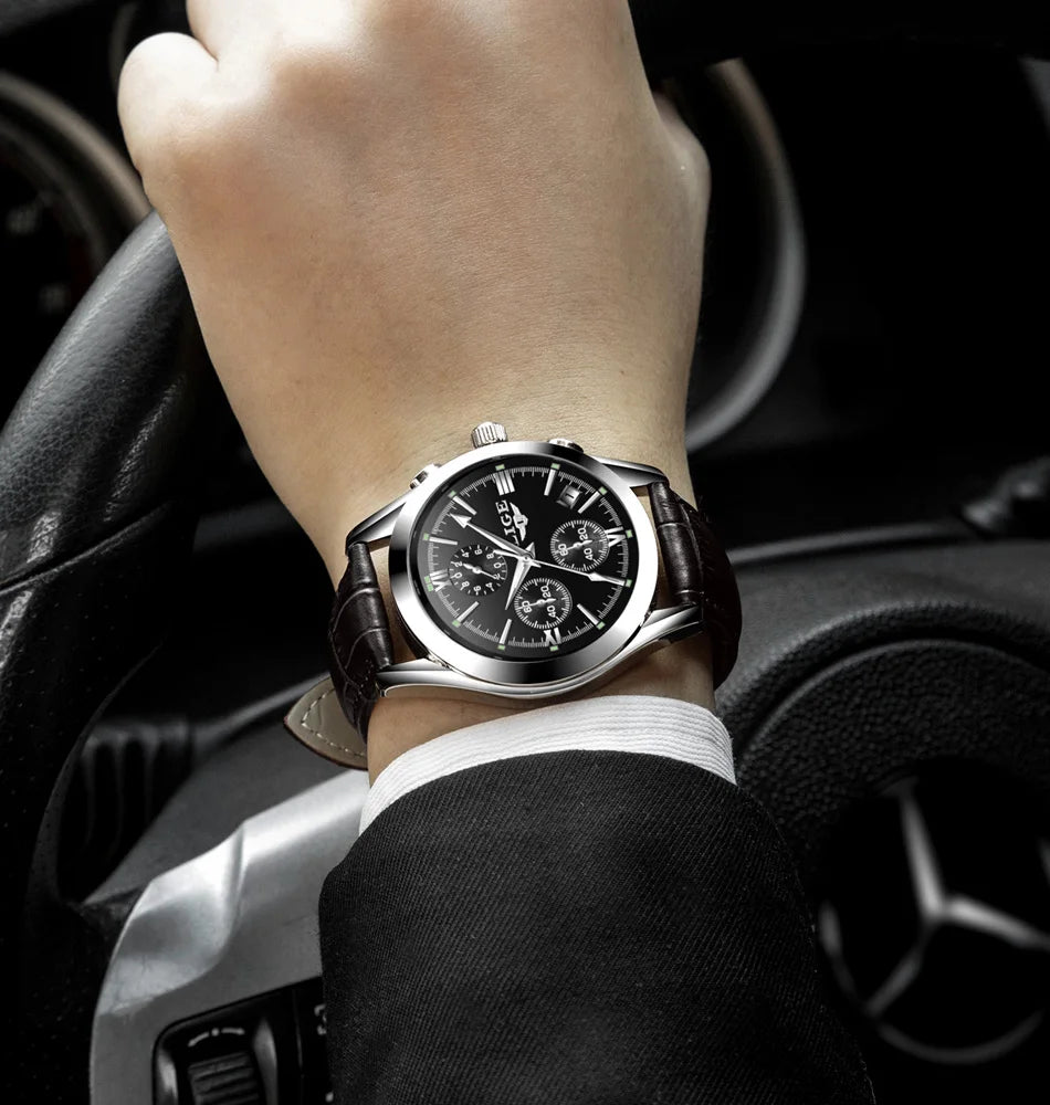 LIGE - Nuevos relojes de moda para hombre, marca superior de lujo, informal, militar, de cuero, de cuarzo, para negocios, resistente al agua, deportivo, cronógrafo