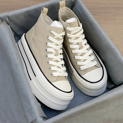 Zapatos de lona altos para mujer, transpirables, con suela gruesa de goma, estilo universitario, versátiles, para verano, color blanco