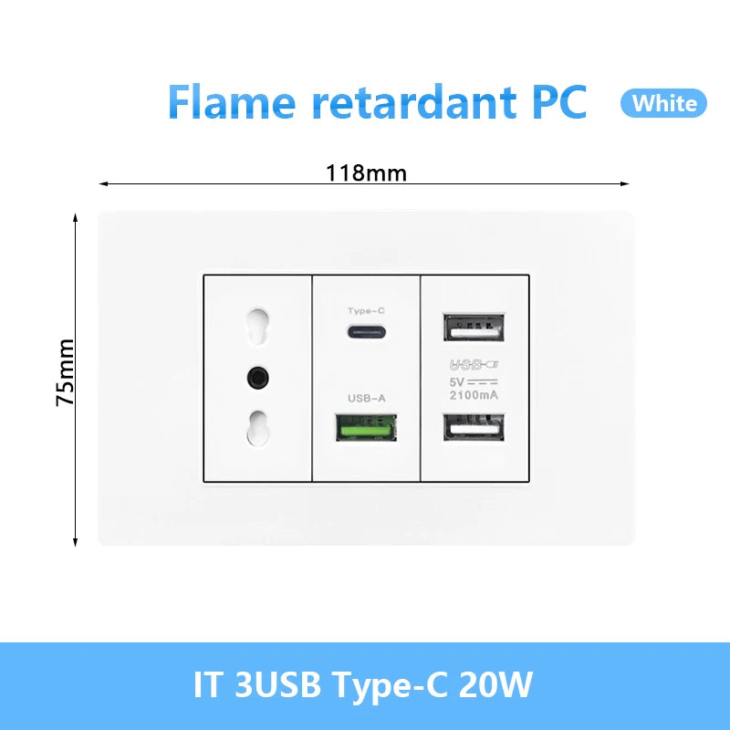 Enchufe de pared USB inteligente tipo C de 20 W con carga rápida para Italia, Chile y México; panel de interruptor de luz eléctrico de Brasil con toma USB-C universal.