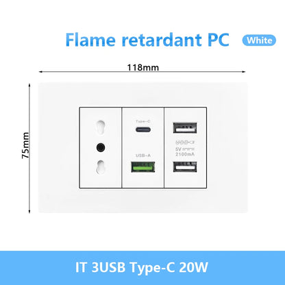 Enchufe de pared USB inteligente tipo C de 20 W con carga rápida para Italia, Chile y México; panel de interruptor de luz eléctrico de Brasil con toma USB-C universal.