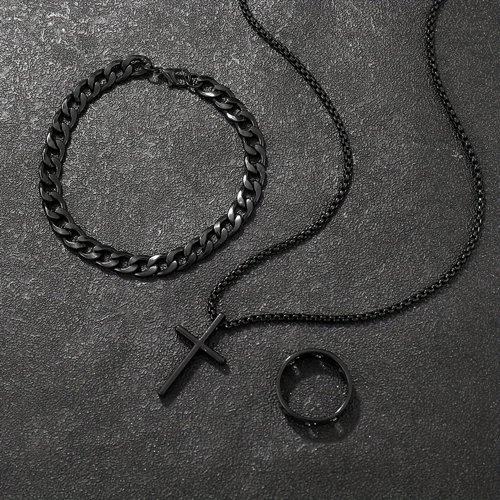 Conjunto de 3 piezas de joyería de aleación de moda para hombre: collar, pulsera y anillo con colgante de cruz.