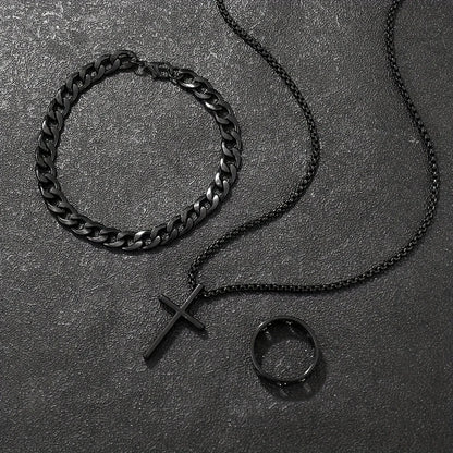 Conjunto de 3 piezas de joyería de aleación de moda para hombre: collar, pulsera y anillo con colgante de cruz.